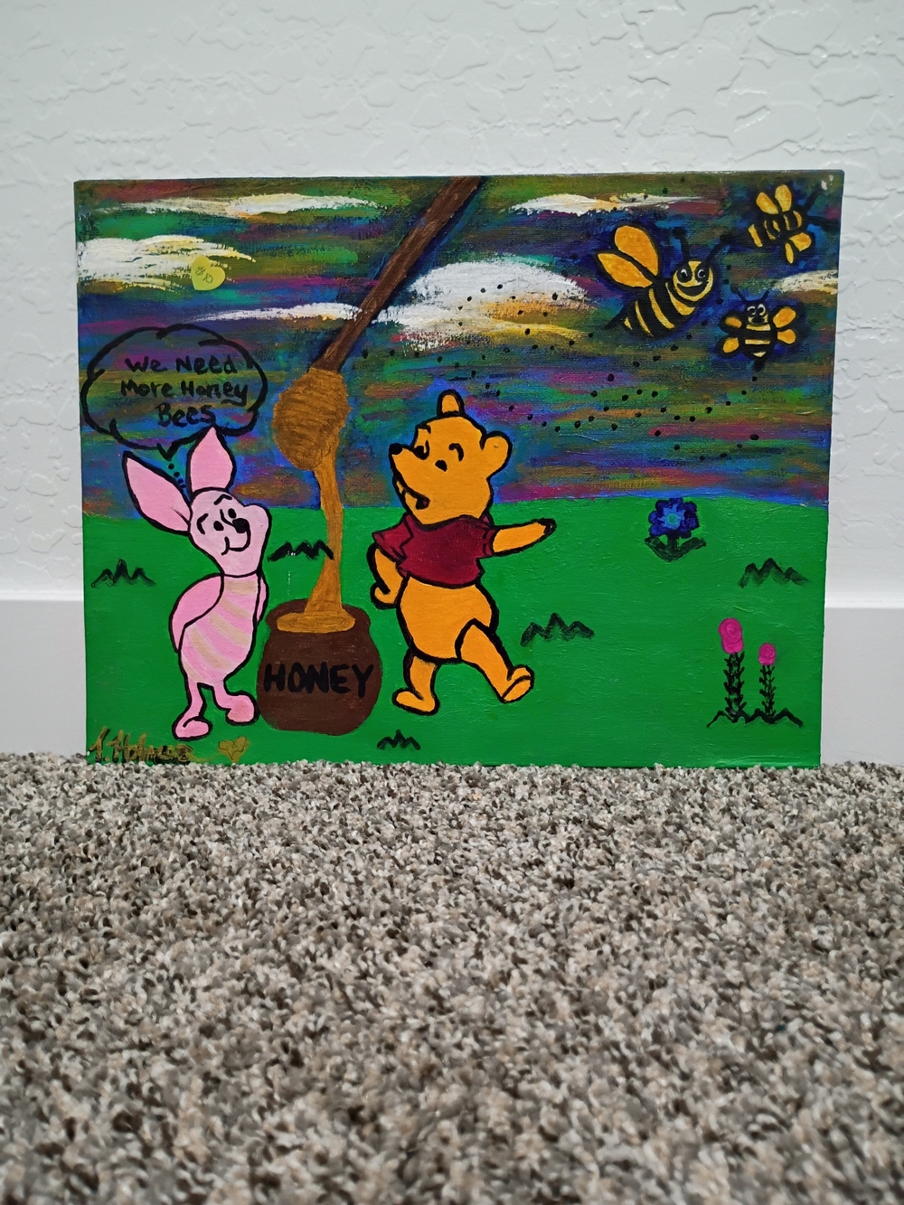 Whimsical Green and Yellow Winnie-The Pooh Canvas Wall Art Signed By Artist
